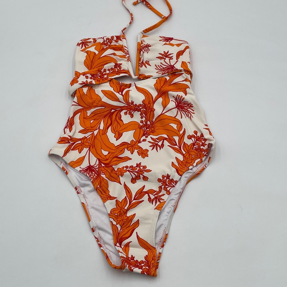 CUPSHE Orange Floral Plunging Halter V Neck One Piece Bathing Suit Swimsuit - Picture 4 of 13
